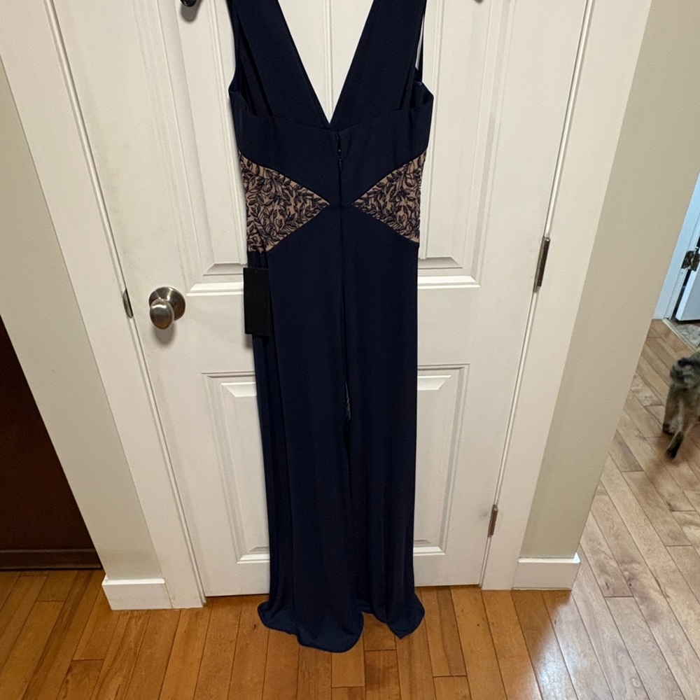BCBG Deep Blue Backless Dress with Lace Panels